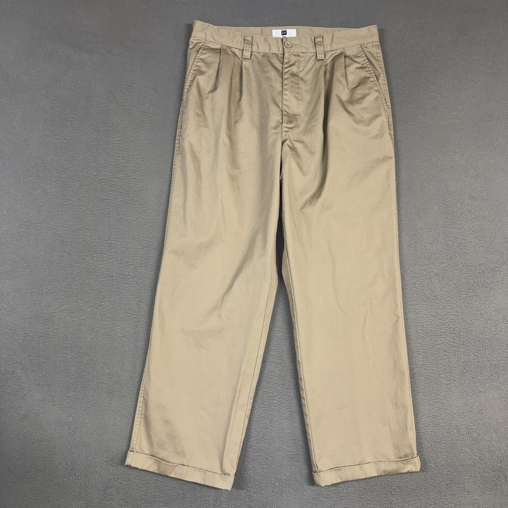 Gap Pants Mens 34x30 Brown Relaxed Straight Pleated Cuffed 100% Cotton Twill